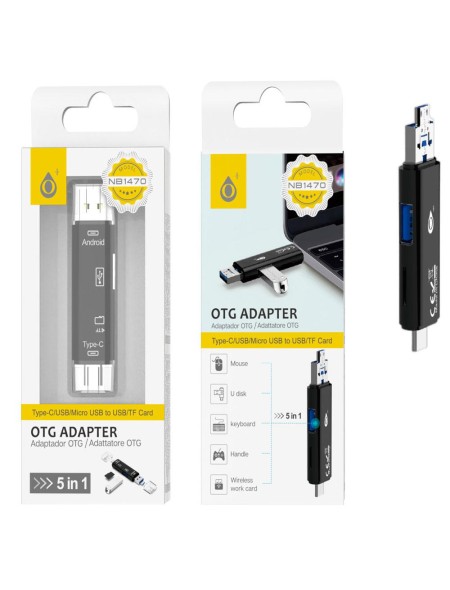 Adaptador OTG 5 en 1 NB1470 / Type-C / USB / MicroUSB-USB / TF Card / Negro / One+