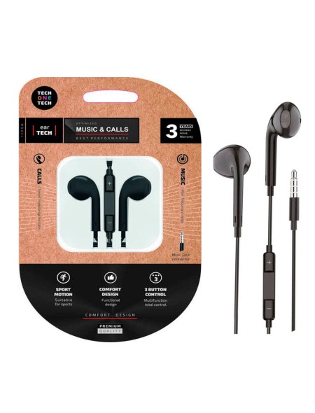 Auriculares Intrauditivos earTECH / Micrófono / Jack 3.5 / 1.2m / Negros / TEC1002 / Tech One Tech